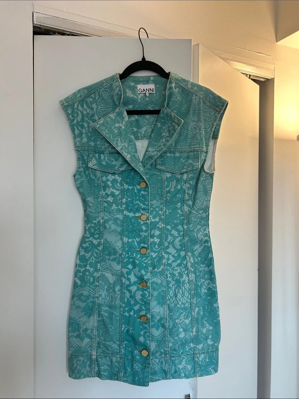 Ganni Teal Lace-Print Sleeveless Button-Front Mini Dress - Picture 2 of 3